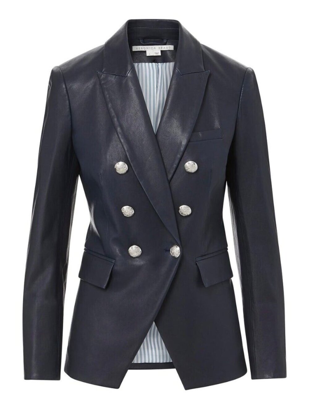 Veronica Beard Leather Miller Dickey Blazer Navy Silver Buttons Jacket Size 10